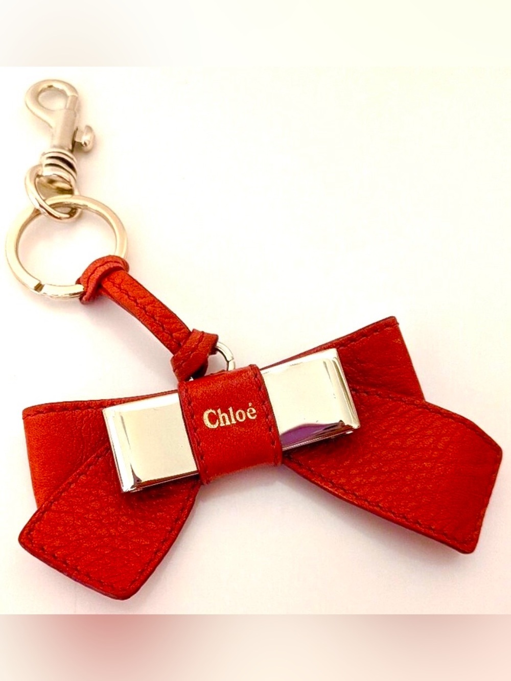 CHLOÉ Red Leather Bow Bag Charm Keychain Silver Tone Designer